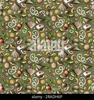 Cartoon cute hand drawn Japan food seamless pattern. Colorful with lots of objects background. Endless funny vector illustration. Bright colors backdr Stock Vector