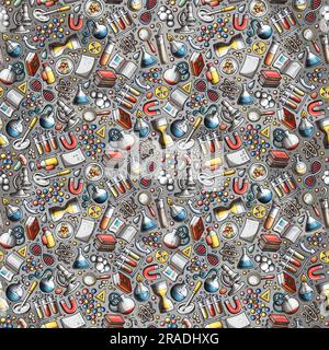Cartoon cute Science seamless pattern. Colorful detailed, with lots of objects background. Endless funny vector illustration. Bright colors scientific Stock Vector