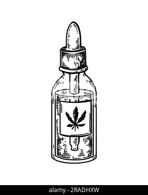 Cannabis cbd oil sketch. Marijuana product drawing. Hand drawn realistic vector illustration in sketch style Stock Vector