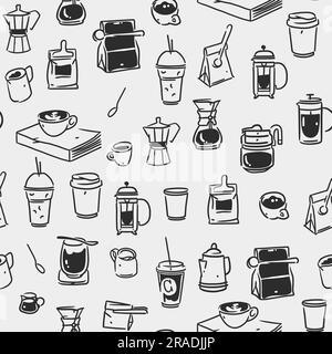 Hand drawn doodle coffee tools seamless pattern.Trending vector doodle illustrations for coffee shop and restaurant menu.Hand drawn coffee shop design Stock Vector