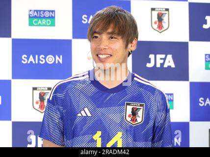 Tokyo, Japan. 3rd July, 2023. Japanese professional football player Junya Ito of France's Stade de Reims smiles as he attends a signing ceremony between Japan Football Association (JFA) and Japanese credit card company Credit Saison as JFA and Credit Saison managed eight-year partnership at the JFA headquarters in Tokyo on Monday, July 3, 2023. (photo by Yoshio Tsunoda/AFLO) Stock Photo