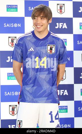 Tokyo, Japan. 3rd July, 2023. Japanese professional football player Junya Ito of France's Stade de Reims smiles as he attends a signing ceremony between Japan Football Association (JFA) and Japanese credit card company Credit Saison as JFA and Credit Saison managed eight-year partnership at the JFA headquarters in Tokyo on Monday, July 3, 2023. (photo by Yoshio Tsunoda/AFLO) Stock Photo