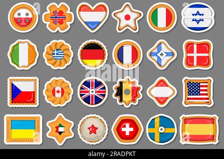 Set homemade cookie with flag country world in tasty biscuit, cookie consist of sign flag country world on natural biscuit, fresh biscuit cookie with Stock Vector