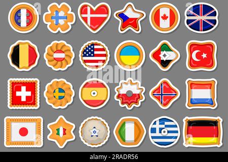 Set homemade cookie with flag country world in tasty biscuit, cookie consist of sign flag country world on natural biscuit, fresh biscuit cookie with Stock Vector