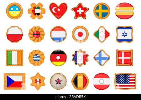Set homemade cookie with flag country world in tasty biscuit, cookie consist of sign flag country world on natural biscuit, fresh biscuit cookie with Stock Vector
