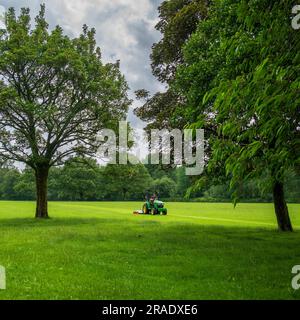 Grass cutting in a public park with ride on lawnmower. Stock Photo