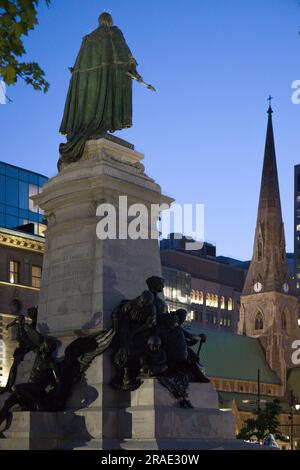 Canada, Quebec, Montreal, King Edward VII monument, Christ Church Cathedral, Stock Photo