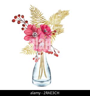 Hand-drawn watercolor composition - xmas bouquet in a glass bottle. Red flowers with golden ferns and red berries. Two options - on white and transpar Stock Photo