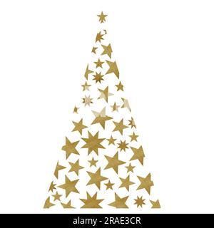Hand-drawn watercolor decorative stylized christmas tree with golden texture. Consists of golden stars. Two options - on white and transparent backgro Stock Photo