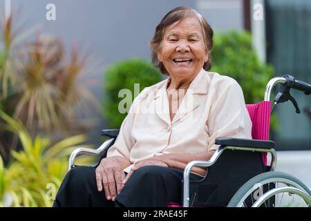 Lovely Elderly Woman On Wheelchair Smiling At Camera Stock Photo