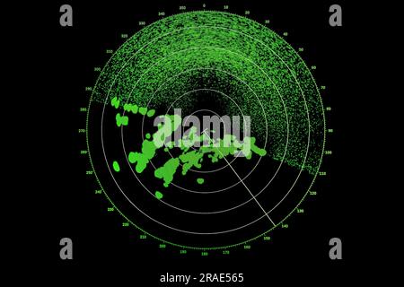 Radar screen with green indication on black background, close-up photo with pixel structure Stock Photo