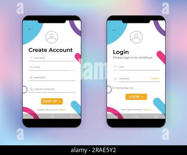 Vector illustration of smart phones login or signup application mock up isolated on gradient style colourful mesh background Stock Vector