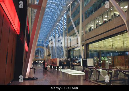 Toronto, Ontario / Canada - Oct 17, 2008: Interior of a office building with a photo exhibition at night Stock Photo