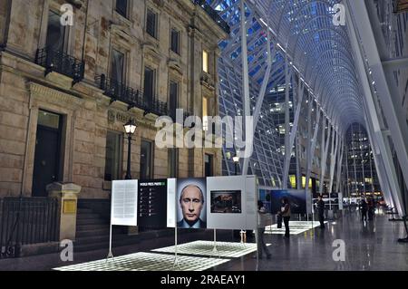 Toronto, Ontario / Canada - Oct 17, 2008: A photo exhibition at night in the lobby of a office building Stock Photo