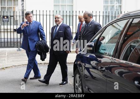 Crown Prince of Bahrain, Salman bin Hamad Al Khalifa (2nd left) leaves 10 Downing Street, London, after a meeting with Prime Minister Rishi Sunak. Picture date: Monday July 3, 2023. Stock Photo