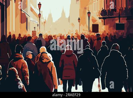 Stylized crowd of people silhouettes of pedestrians on the street in bright sunlight Stock Vector