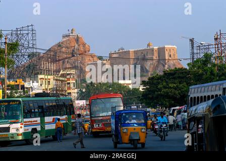 The 83m high Rock Fort and Ucchi Pillayar Ganesha Koil Kovil temple in Tiruchirappalli Trichy, Tamil Nadu, South India, India, Asia Stock Photo