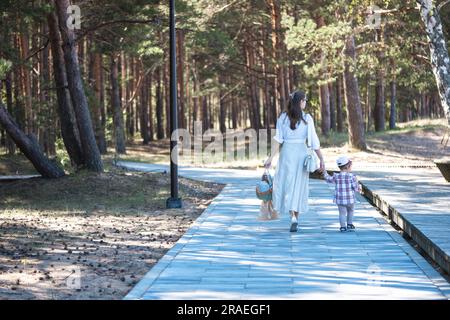 Mother and small daughter holding hands while walking together on a wooden path in the pine forrest. Back view. Stock Photo