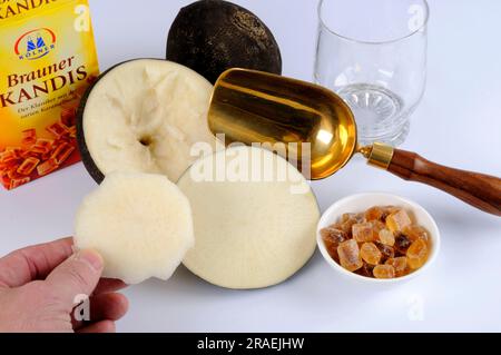 Black radish, root, and brown candy (Raphanus sativus), sugar, preparation of cough syrup Stock Photo