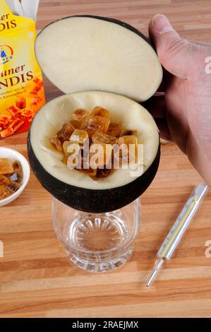 Black radish, root, and brown candy (Raphanus sativus), sugar, preparation of cough syrup Stock Photo