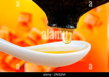 Black radish, root, and brown candy (Raphanus sativus), sugar, preparation of cough syrup Stock Photo