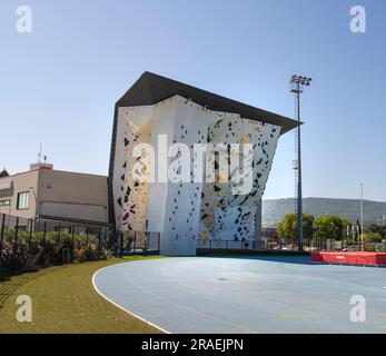 Koper, Slovenia. July 2, 2023. An artificial climbing wall in the city centre Stock Photo