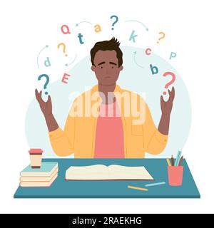 Problems in learning and literacy, dysgraphia and dyslexia disability vector illustration. Cartoon dyslexic confused student sitting at desk with cloud of letters, frustrated boy asking question Stock Vector