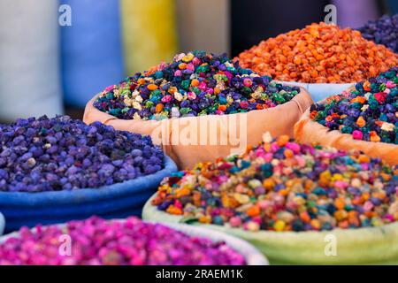 Market with different types of tea , herbs, plants and dried flowers Stock Photo