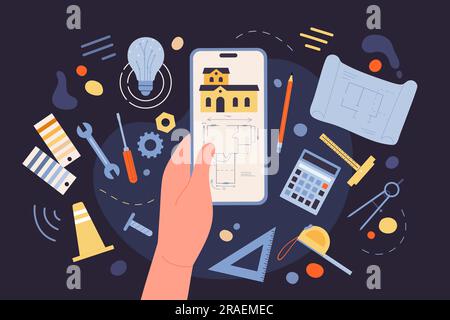 Cartoon architects hand holding phone with building blueprint on screen, person using paper sketch, tools and software for product design. Development of architecture project vector dark concept Stock Vector