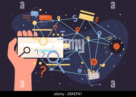 Cartoon hand holding smartphone with customizable smart mobile app on touchscreen infographic dark flat vector illustration. Online search service in internet browser of phone for finding information. Stock Vector