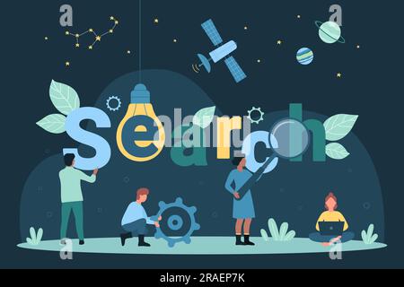 Cartoon tiny people look through magnifying glass at search lettering, user characters explore internet and find information in website. Web search, analytics and algorithms dark vector illustration Stock Vector