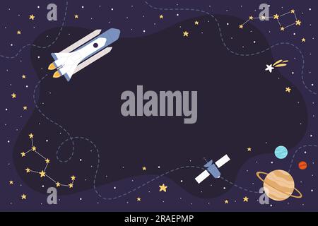 Cartoon spaceship flying in night sky to explore galaxy along route line, blue cosmos background with constellation pattern, planets solar system stars. Space exploration vector illustration Stock Vector