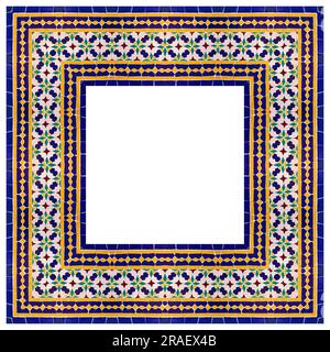 Frame composition of typical maroccan wall decorations with colored ceramic tiles called azulejos with a geometric design - concept image with copy sp Stock Photo