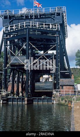 The Anderton Boat Lift, connecting the River Weaver with The Trent and Mersey Canal, Anderton, Cheshire, England Stock Photo