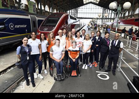 Paris, France. 03rd July, 2023. Athletes and team officials pose for the photographer during a press conference of Railway company Eurostar Group, on Monday 03 July 2023 in Paris. In 2024, Eurostar Group will transport the Olympic and Paralympic teams from Belgium, the United Kingdom and the Netherlands to the Paris Olympic Games. BELGA PHOTO ERIC LALMAND Credit: Belga News Agency/Alamy Live News Stock Photo