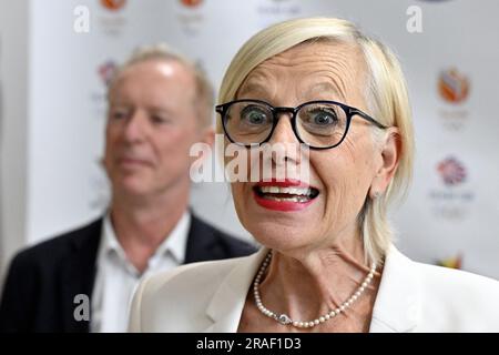 Paris, France. 03rd July, 2023. Eurostar CEO Gwendoline Cazenave pictured during a press conference of Railway company Eurostar Group, on Monday 03 July 2023 in Paris. In 2024, Eurostar Group will transport the Olympic and Paralympic teams from Belgium, the United Kingdom and the Netherlands to the Paris Olympic Games. BELGA PHOTO ERIC LALMAND Credit: Belga News Agency/Alamy Live News Stock Photo