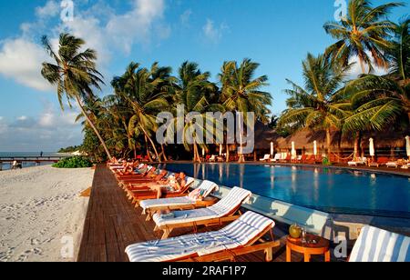 Hotel complex, swimming pool, Medhufushi, Meemu Atoll, pool, swimming pool, Maldives Stock Photo