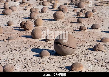 Eroded rocks in the Cancha de Bochas or Bocce Ball Court in Ischigualasto Provincial Park, San Juan Province, Argentina. Stock Photo