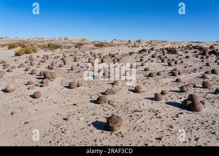 Eroded rocks in the Cancha de Bochas or Bocce Ball Court in Ischigualasto Provincial Park, San Juan Province, Argentina. Stock Photo