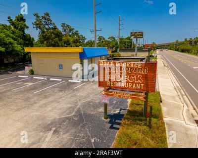 Stuart, FL, USA - July 1, 2023: Aerial photo old sign Harbor Inn The Deck Restaurant Stock Photo