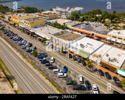 Stuart, FL, USA - July 1, 2023: Aerial photo historic Downtown Stuart businesses and shops Stock Photo