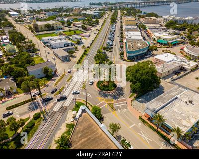 Stuart, FL, USA - July 1, 2023: Aerial photo historic Downtown Stuart businesses and shops Stock Photo