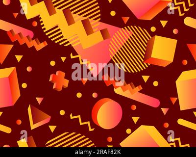 3D geometric seamless pattern in 80s style. 3d isometric shapes with gradient colors. Geometric memphis style. Design for promotional products, wrappi Stock Vector