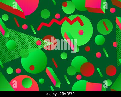 Seamless pattern with geometric 3d shapes in 80s style. Gradient 3d shapes in isometric style. Geometric memphis style. Design for wallpaper, wrapping Stock Vector