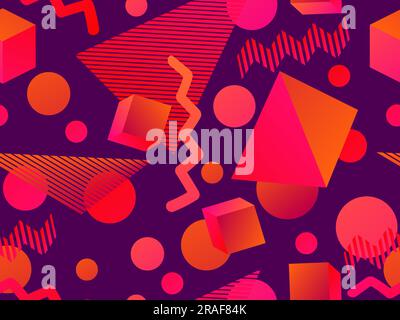Seamless pattern with geometric 3d shapes in 80s style. Gradient 3d shapes in isometric style. Geometric memphis style. Design for wallpaper, wrapping Stock Vector