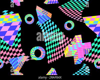 Seamless pattern with 3d objects with an abstract checkered pattern in 90s style. Distorted multi-colored grid of their squares. Design for banners an Stock Vector