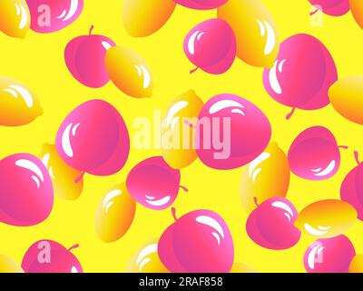 Seamless pattern with peaches and lemons. Summer exotic fruit mix of peaches and lemons with gradient colors in 3d style. Design for banners, posters Stock Vector