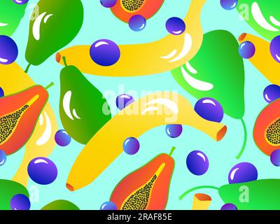 Seamless pattern with banana, blueberry, pear, papaya. Papaya with seeds. Summer fruit and berry mix in 3d style with gradient colors. Design for wall Stock Vector