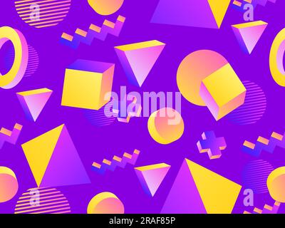 Seamless pattern with geometric 3d shapes in 80s style. Gradient 3d shapes in isometric style. Geometric memphis style. Design for wallpaper, wrapping Stock Vector