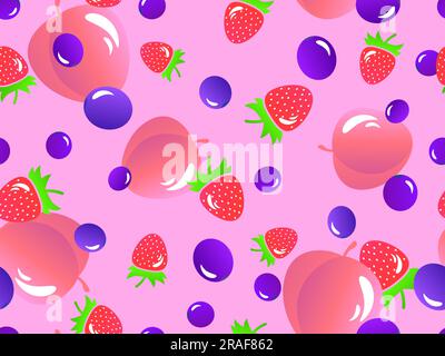 Seamless pattern with peaches, blueberries and strawberries. Gradient 3d fruits blueberry, peach, strawberry. Design for banners, posters and promotio Stock Vector